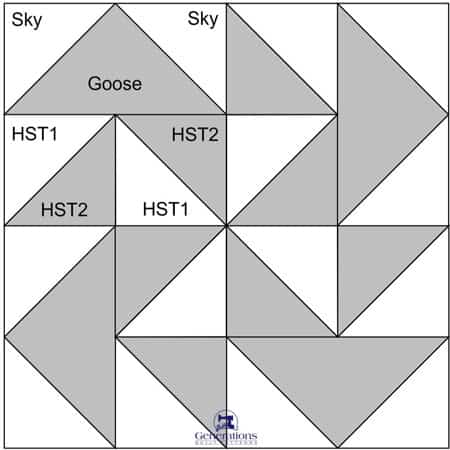 Yankee Puzzle block design labeled for traditional piecing methods Yankee Puzzle block design labeled for traditional piecing methods