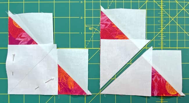 Pinned ready to sew (left) and stitched 1/4" from both sides of the line, pressed and cut in half on the drawn line (right)