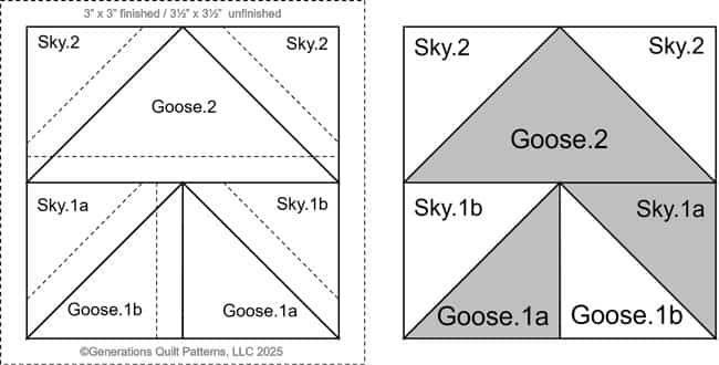 The pattern vs the fabric side of a Yankee Puzzle quilt block